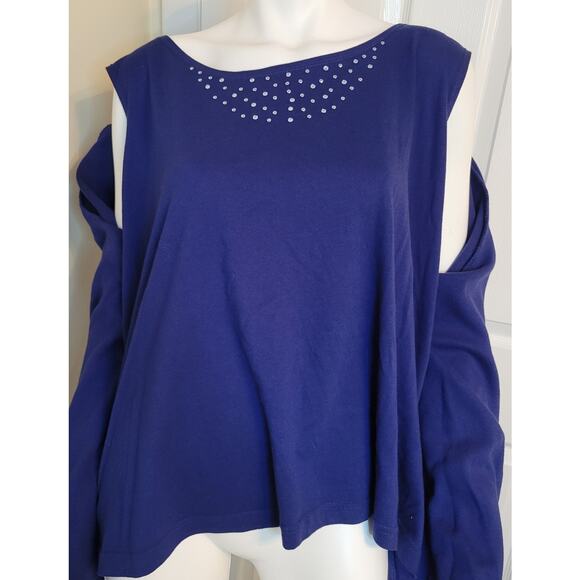 QUACKER FACTORY Jewel Neck Embellished Duet Pullover Top Cardigan Blue Sliver 3X - Picture 5 of 6